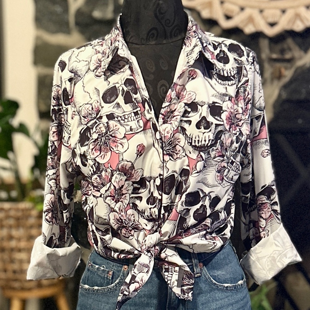 Black, White & Pink Skull & Floral Print Button-Down Blouse